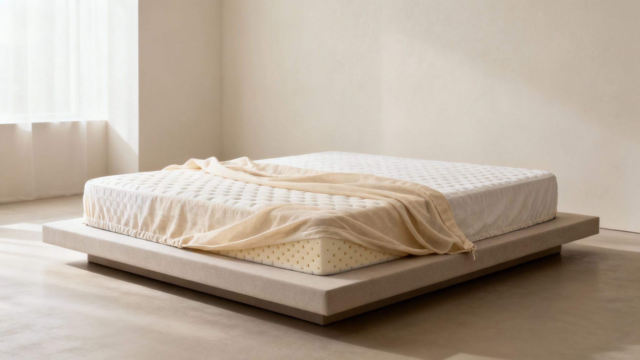 A natural latex mattress on a modern platform bed with a beige blanket in a minimalist room.