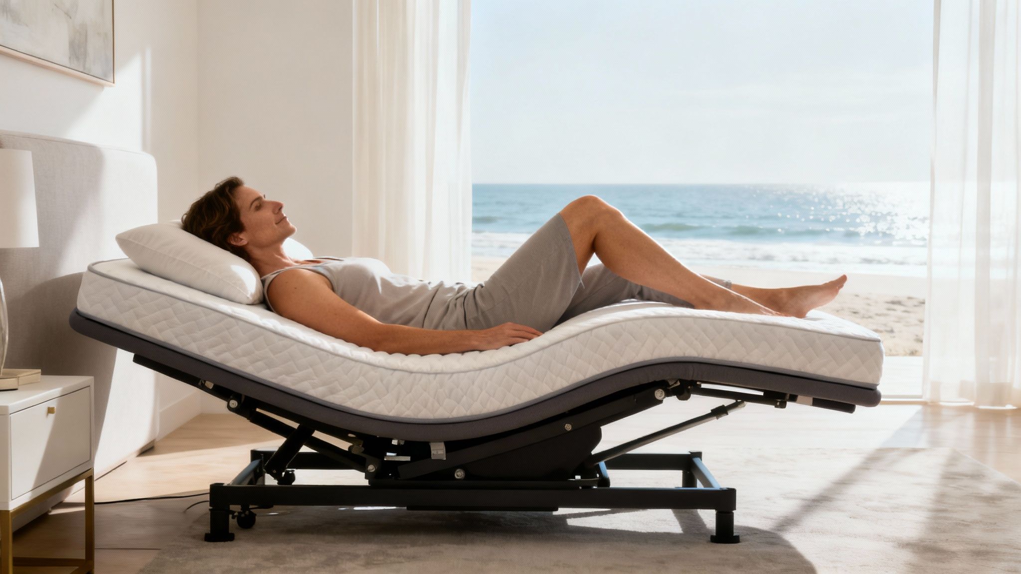 A woman relaxes comfortably on an adjustable bed, overlooking a serene beach and ocean.