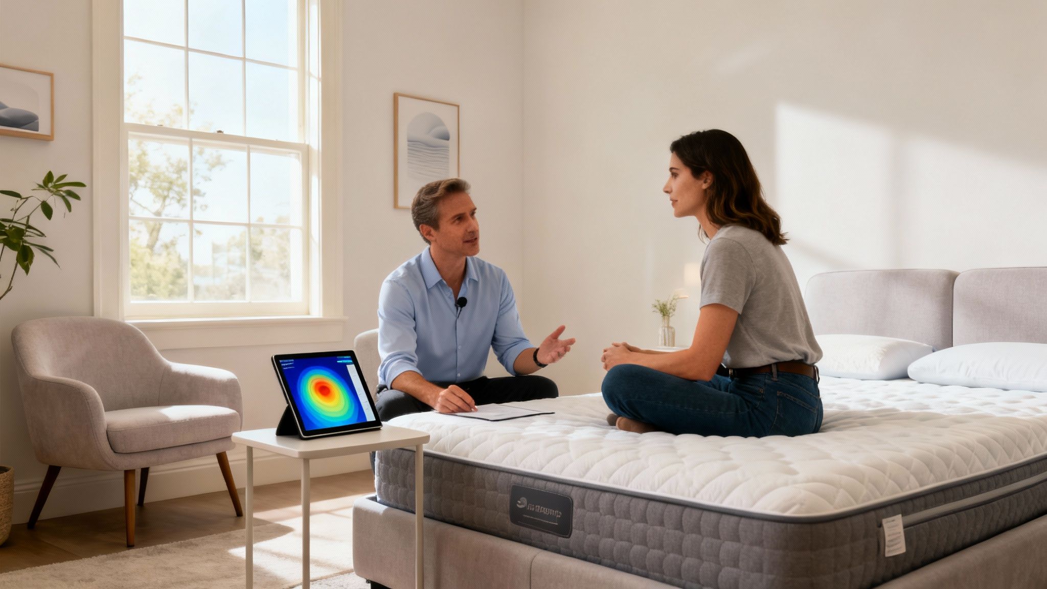 Two people consult about a mattress, viewing pressure points on a tablet for better sleep.
