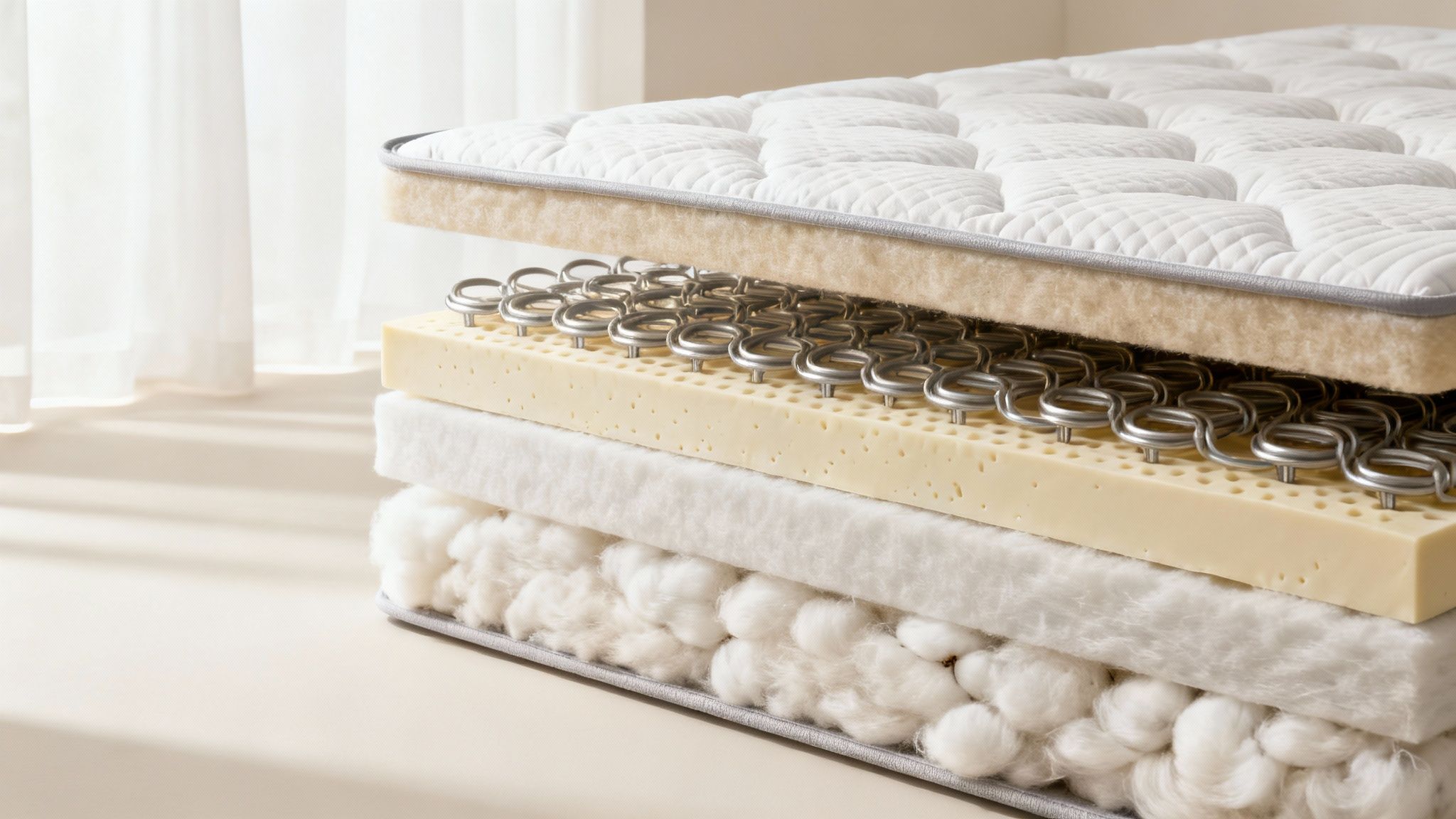Detailed view of a mattress cut-away revealing layers of quilting, springs, latex, and cotton filling.