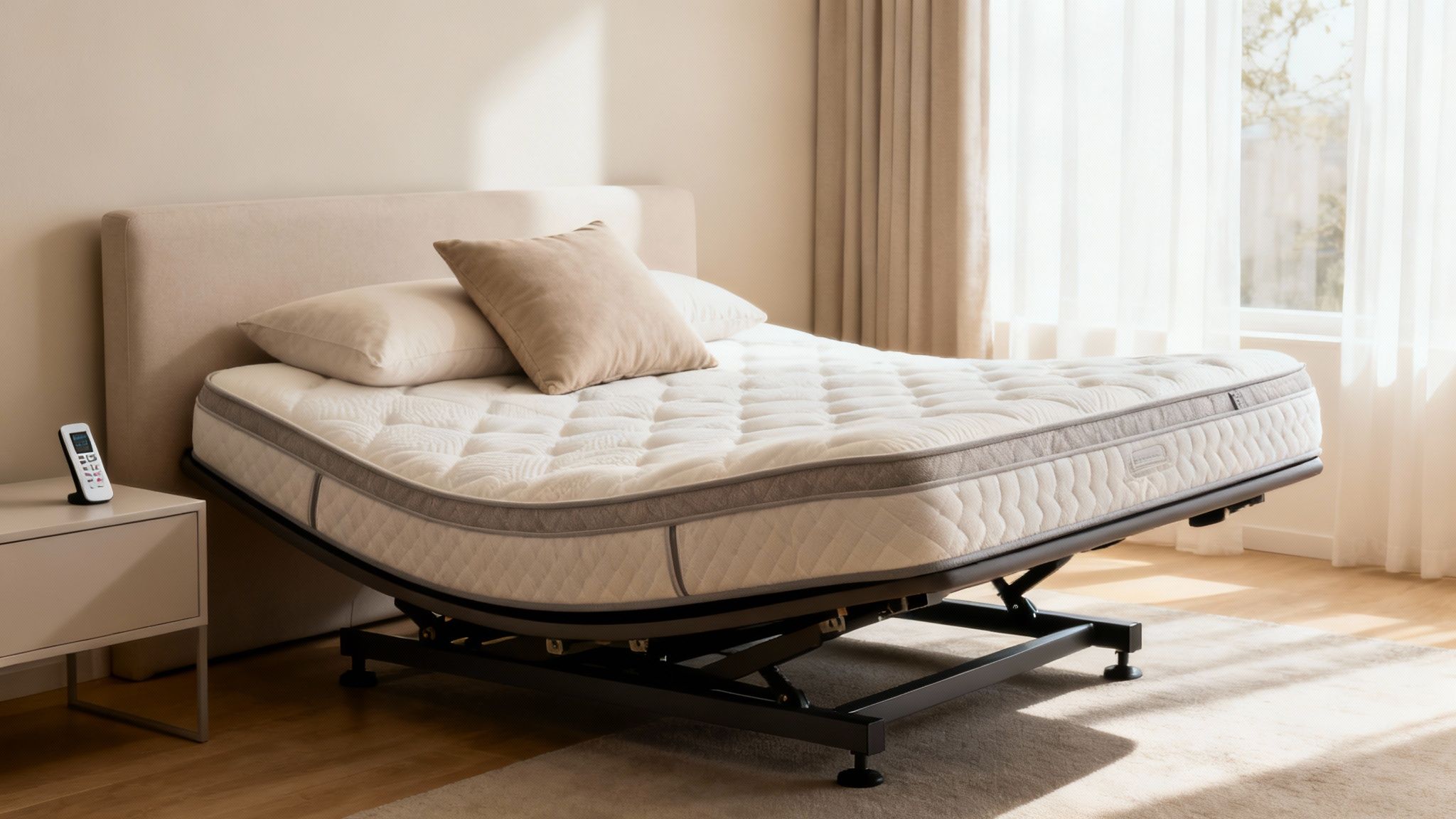 An adjustable bed with a white mattress and neutral pillows in a bright, modern bedroom.