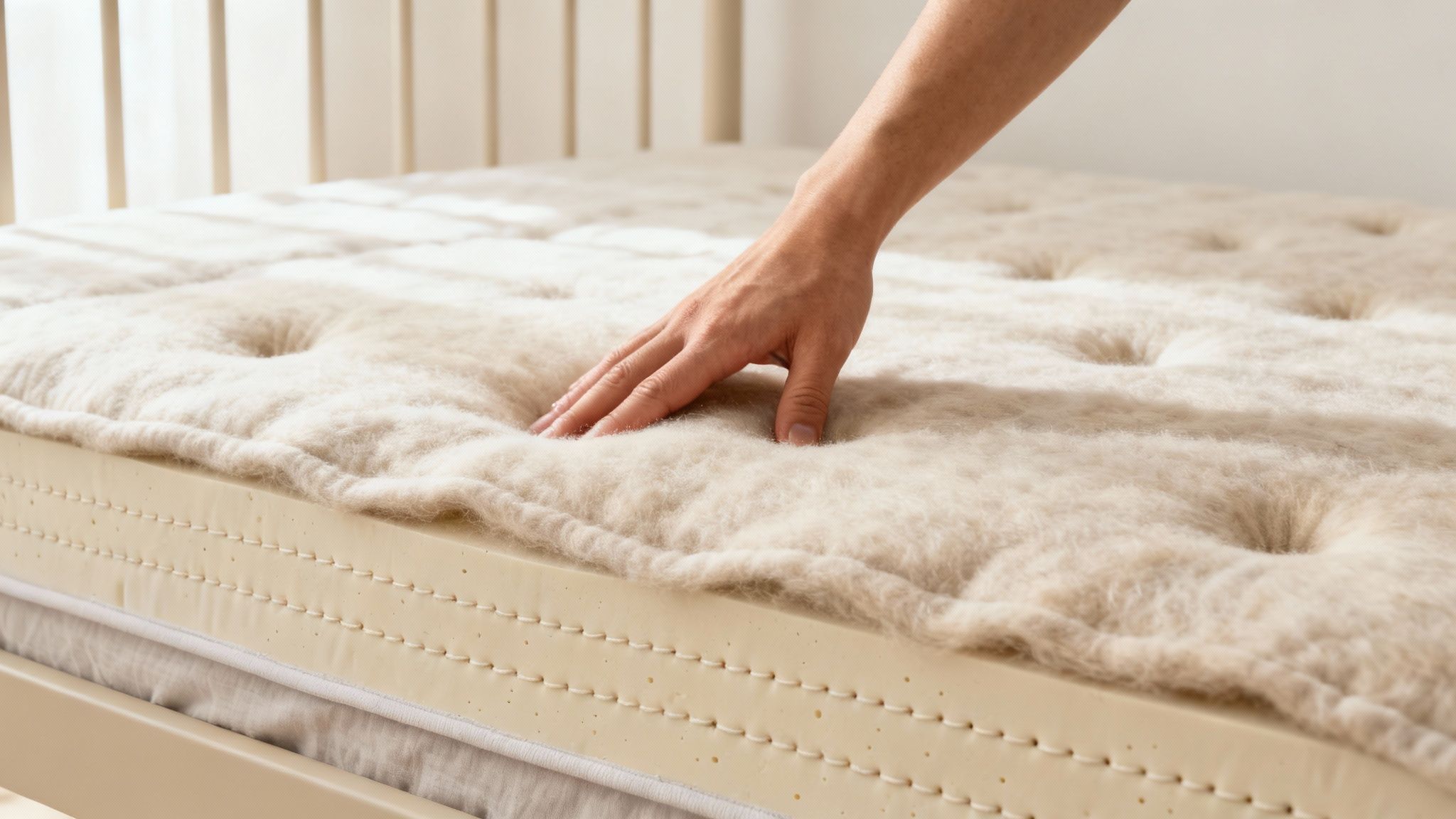 A close-up of a hand-tufted luxury mattress showing its natural material layers.
