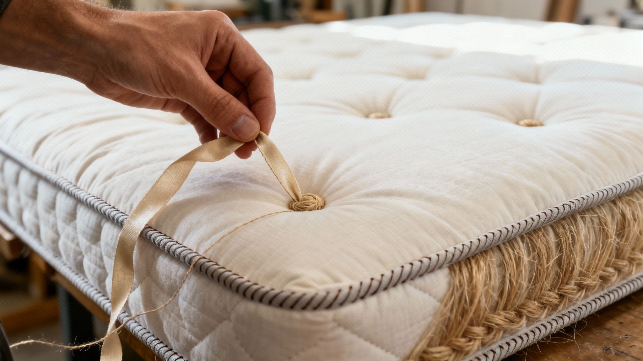 A hand expertly ties a natural ribbon onto a buttoned, handcrafted mattress with braided jute sides.