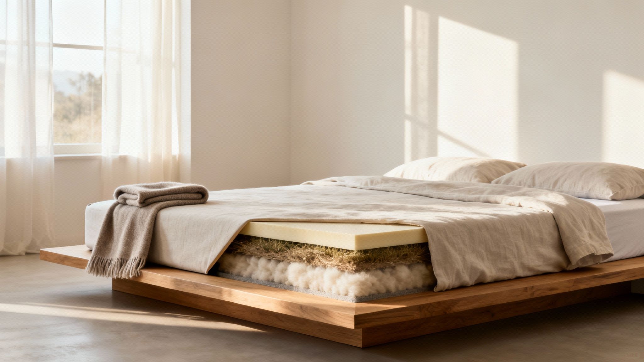 Luxury platform bed with exposed natural latex and wool mattress layers in minimalist bedroom