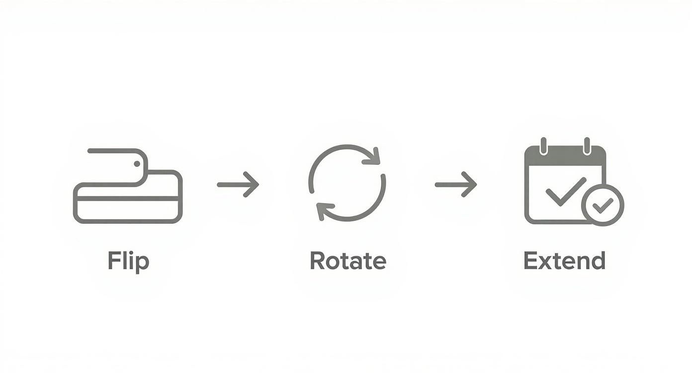 A sequence of three icons: Flip (wallet), Rotate (circular arrows), and Extend (calendar with checkmark).