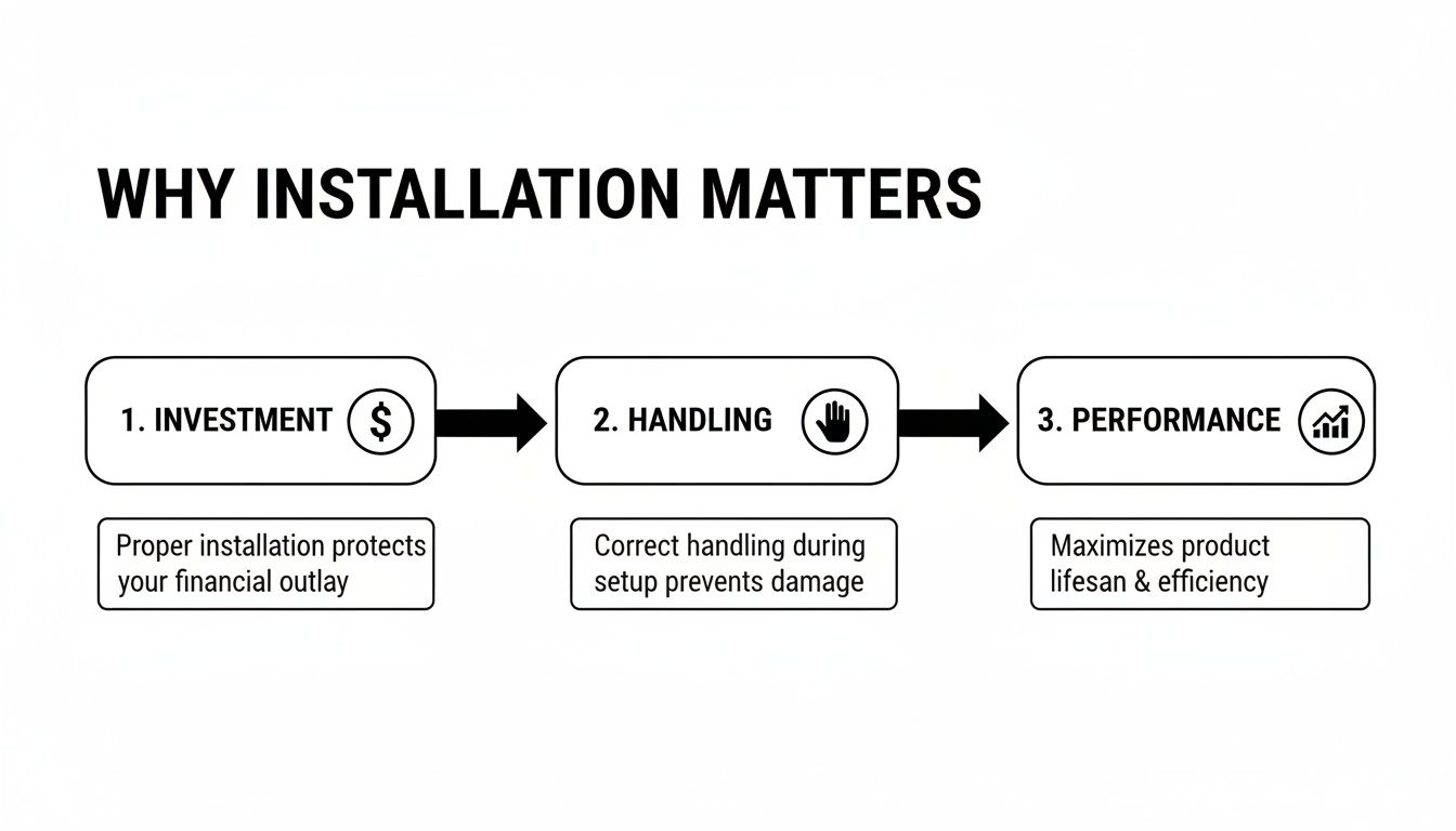 Infographic illustrating why proper installation matters for investment, handling, and overall product performance.