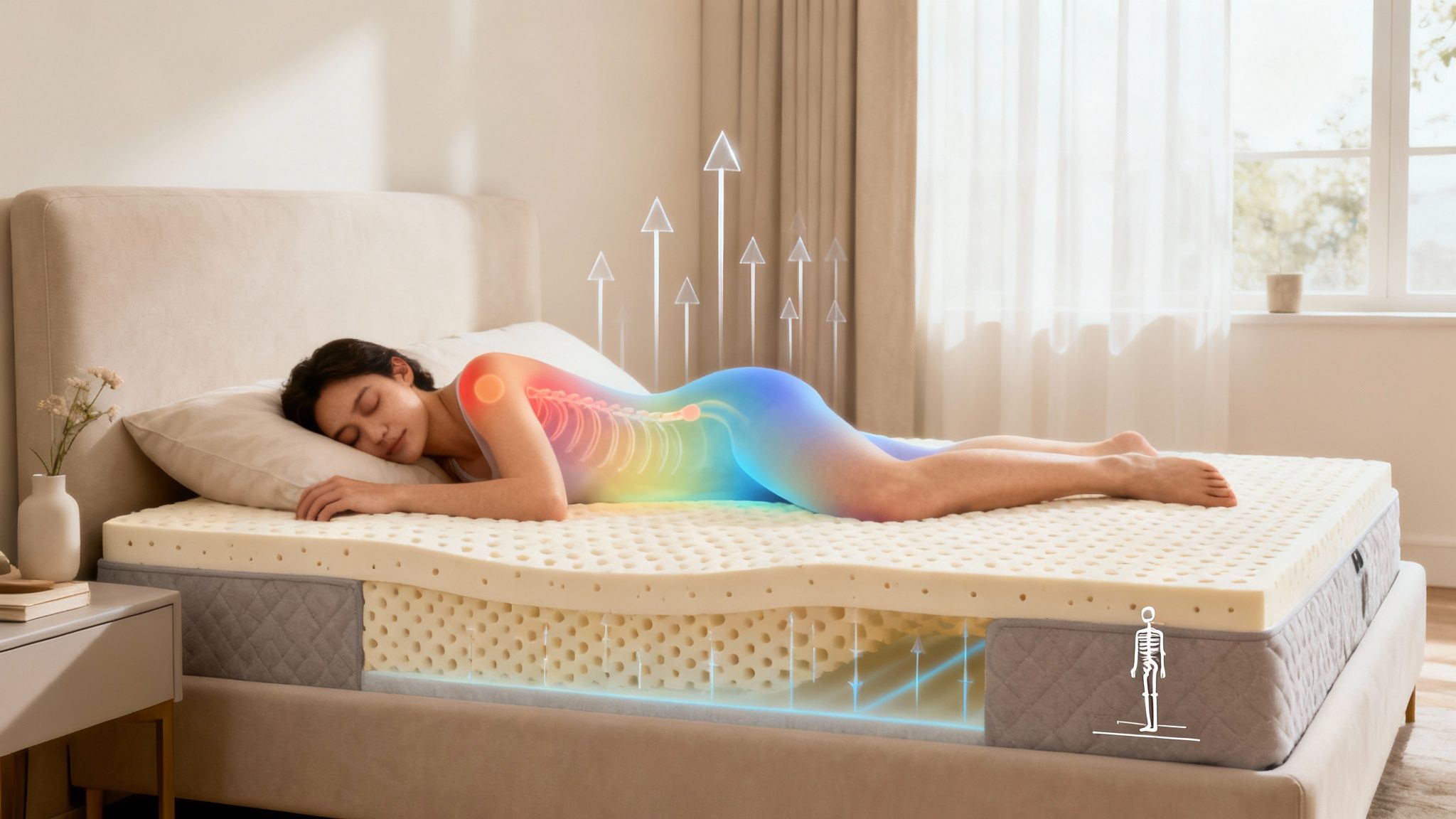 A woman sleeps comfortably on a cutaway organic latex mattress, showcasing spinal support, airflow, and pressure relief.