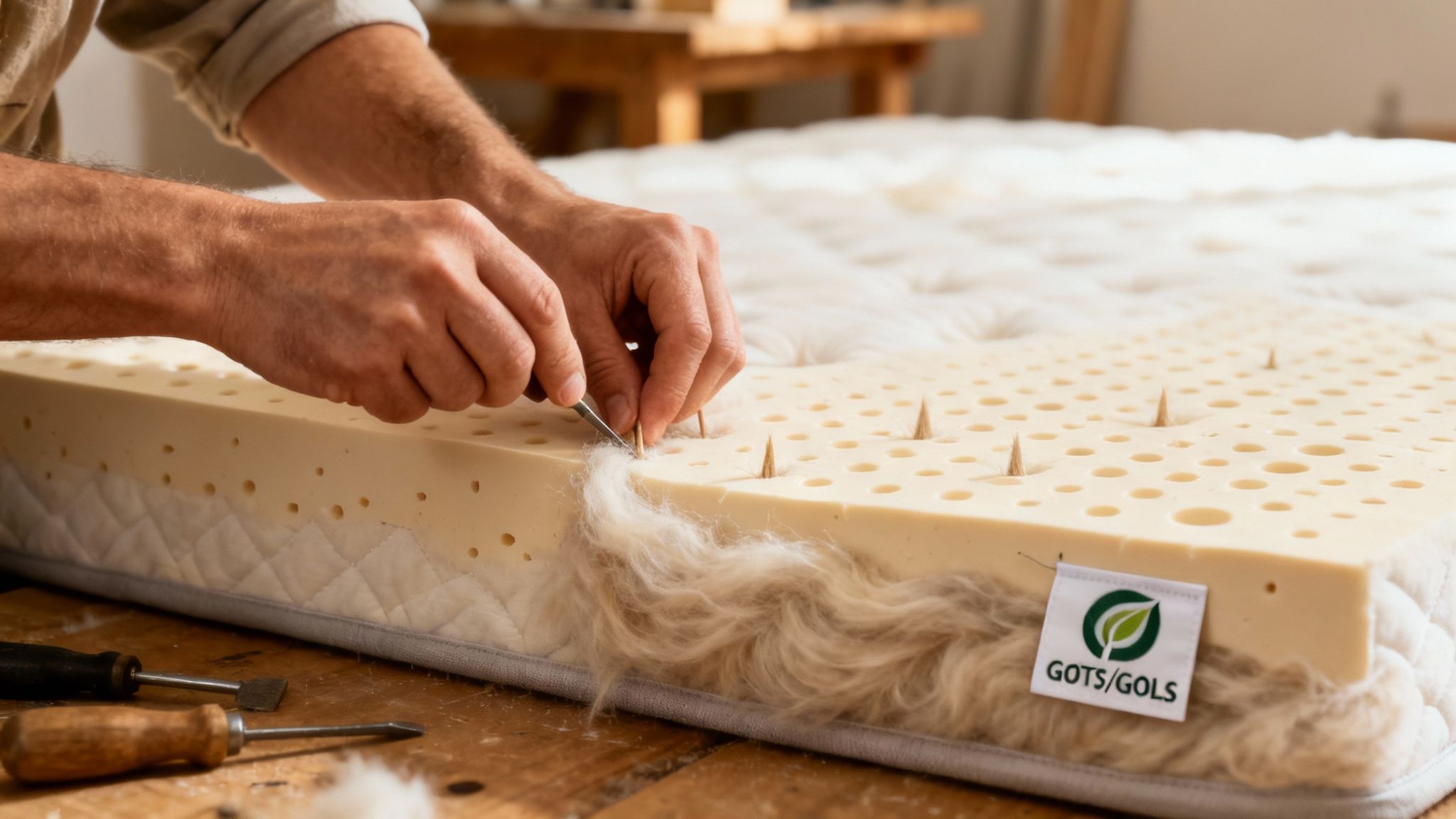 Close-up shot of a hand-tufted mattress surface, showing the detail of the organic cotton cover and wool rosettes.
