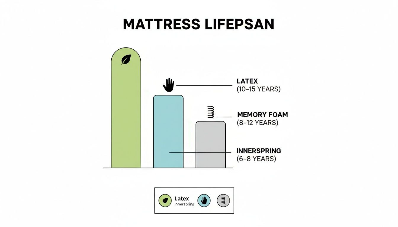 Bar chart comparing mattress lifespans: Latex (10-15 years), Memory Foam (8-12 years), and Innerspring (6-8 years).