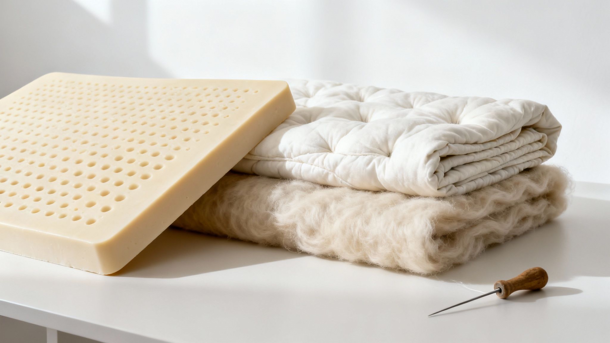 Natural latex foam, raw wool, and a quilted mattress pad, with a tufting needle.