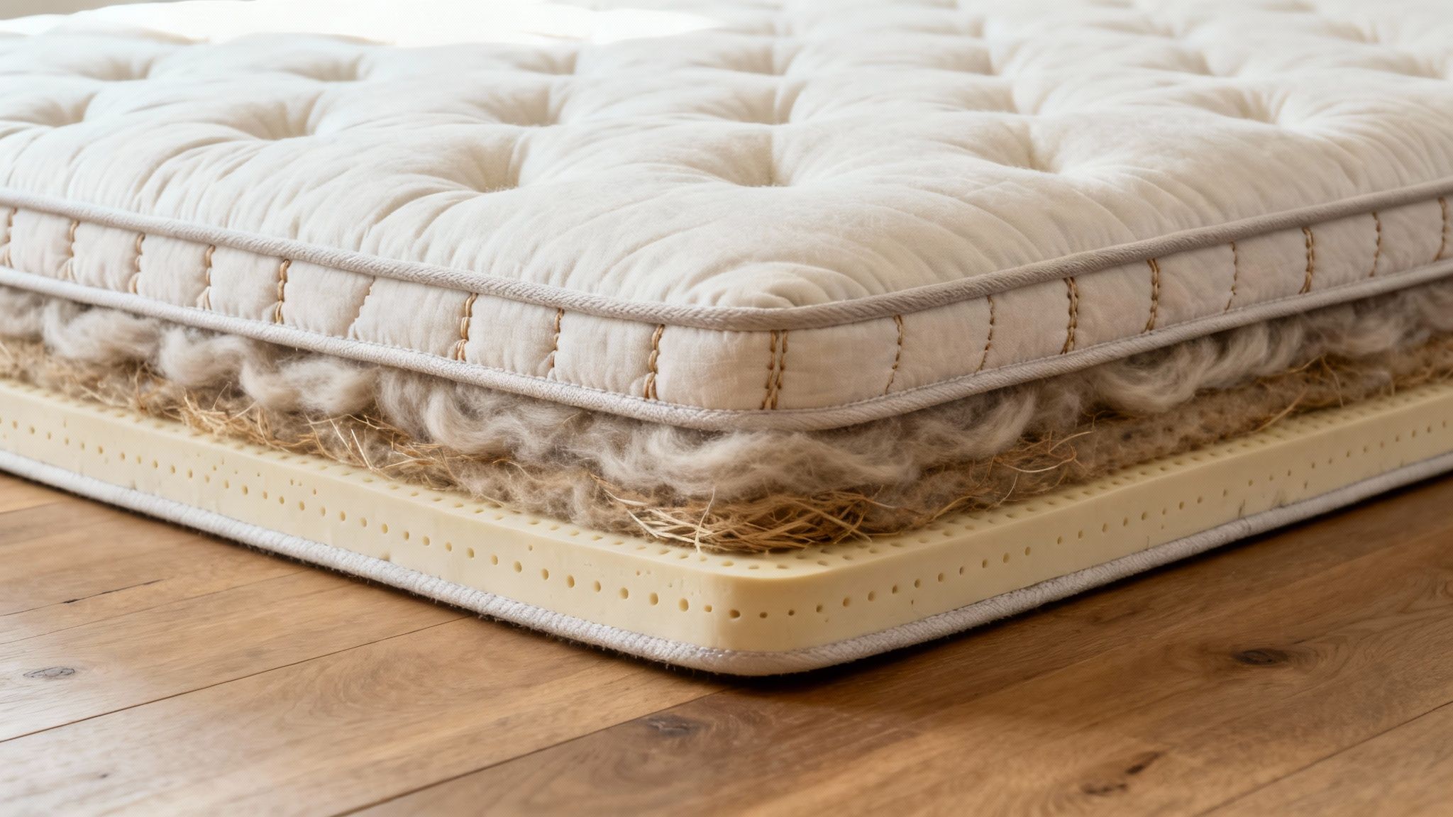 Close-up of a mattress cross-section showing layers of natural materials like wool, straw, and perforated latex.