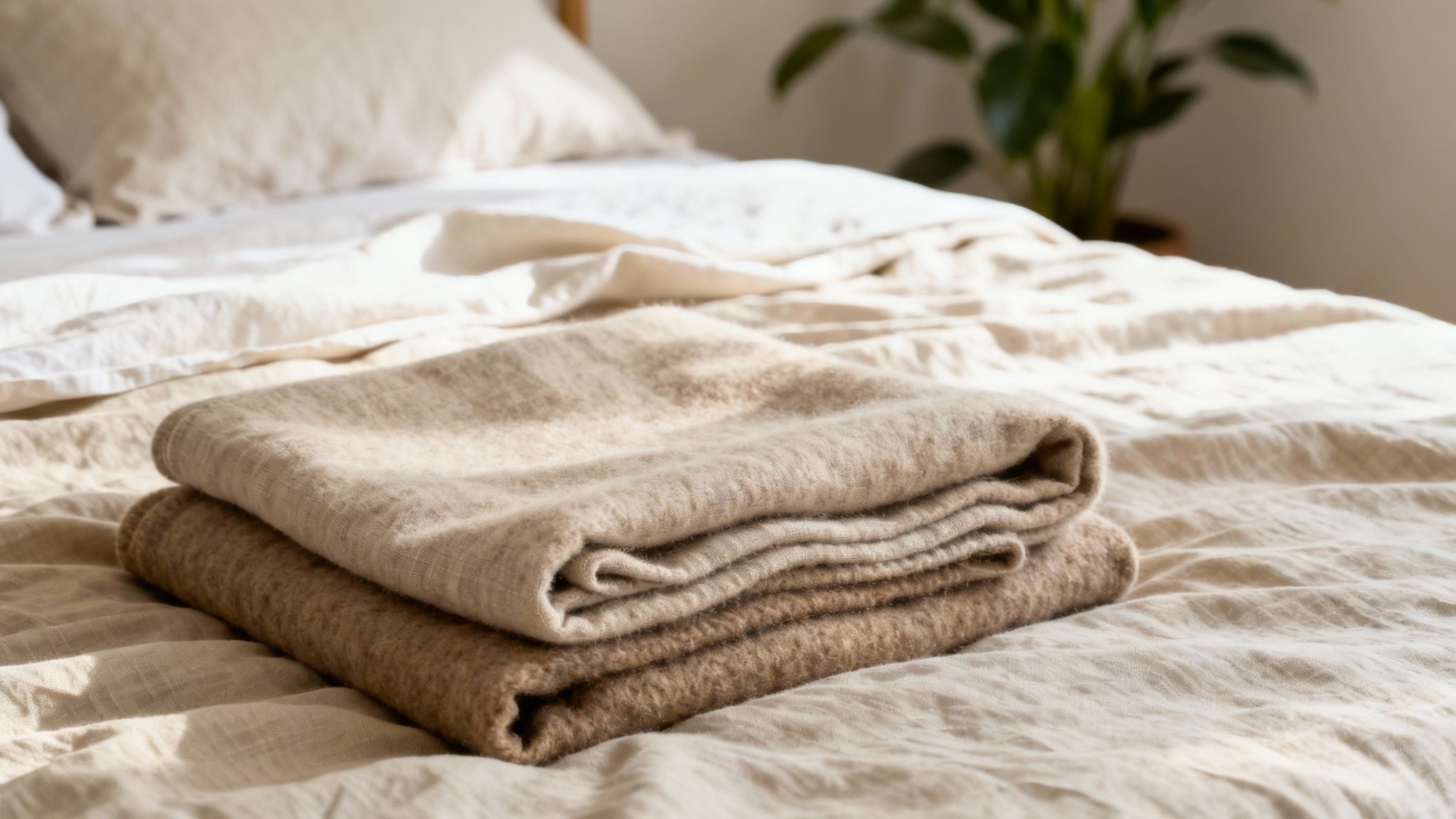 Two cozy, folded blankets in warm neutral tones resting on a comfortable bed with natural light.