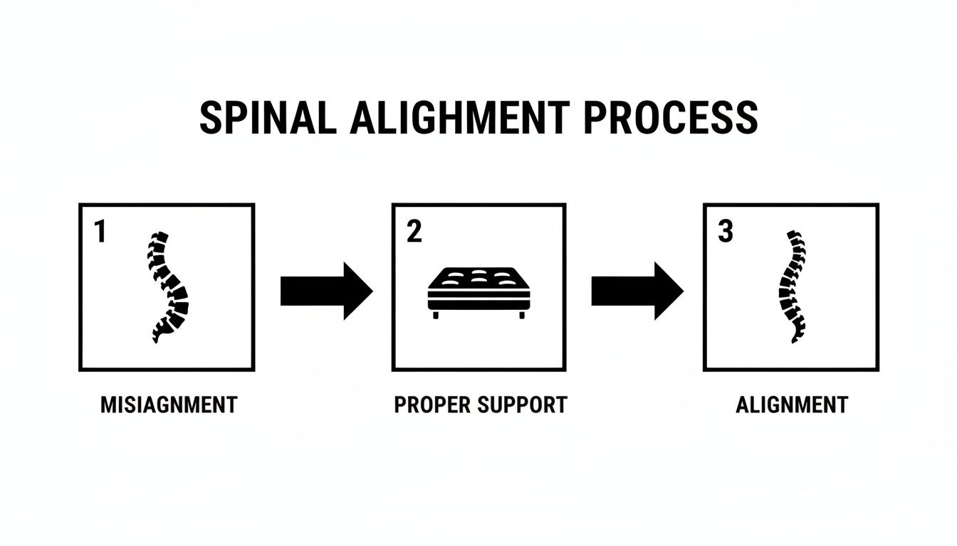 A diagram illustrates the spinal alignment process, showing a misaligned spine, then a bed for proper support, leading to a properly aligned spine.