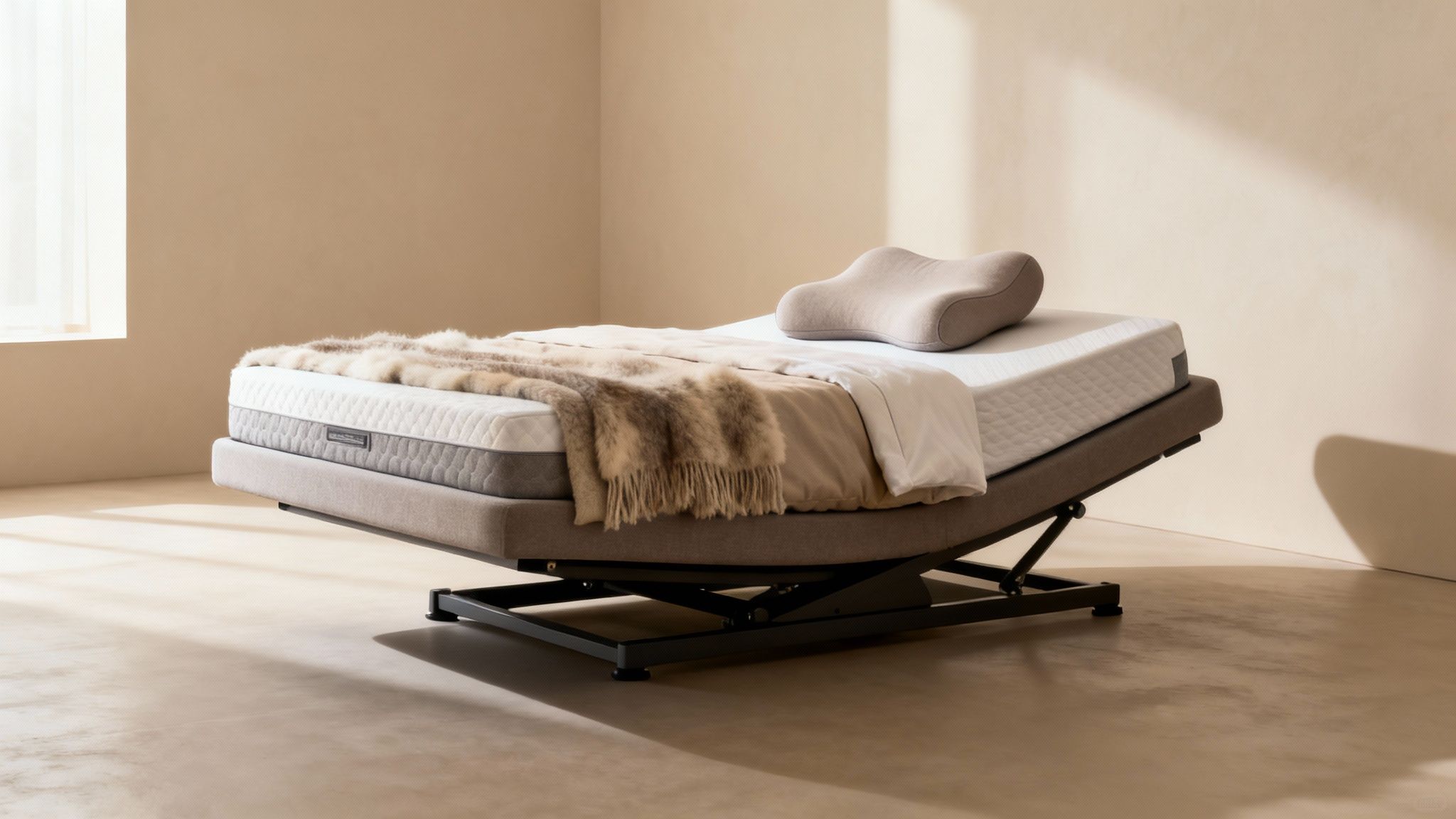 An adjustable bed with a white and grey mattress, cozy bedding, and an ergonomic pillow in a bright room.