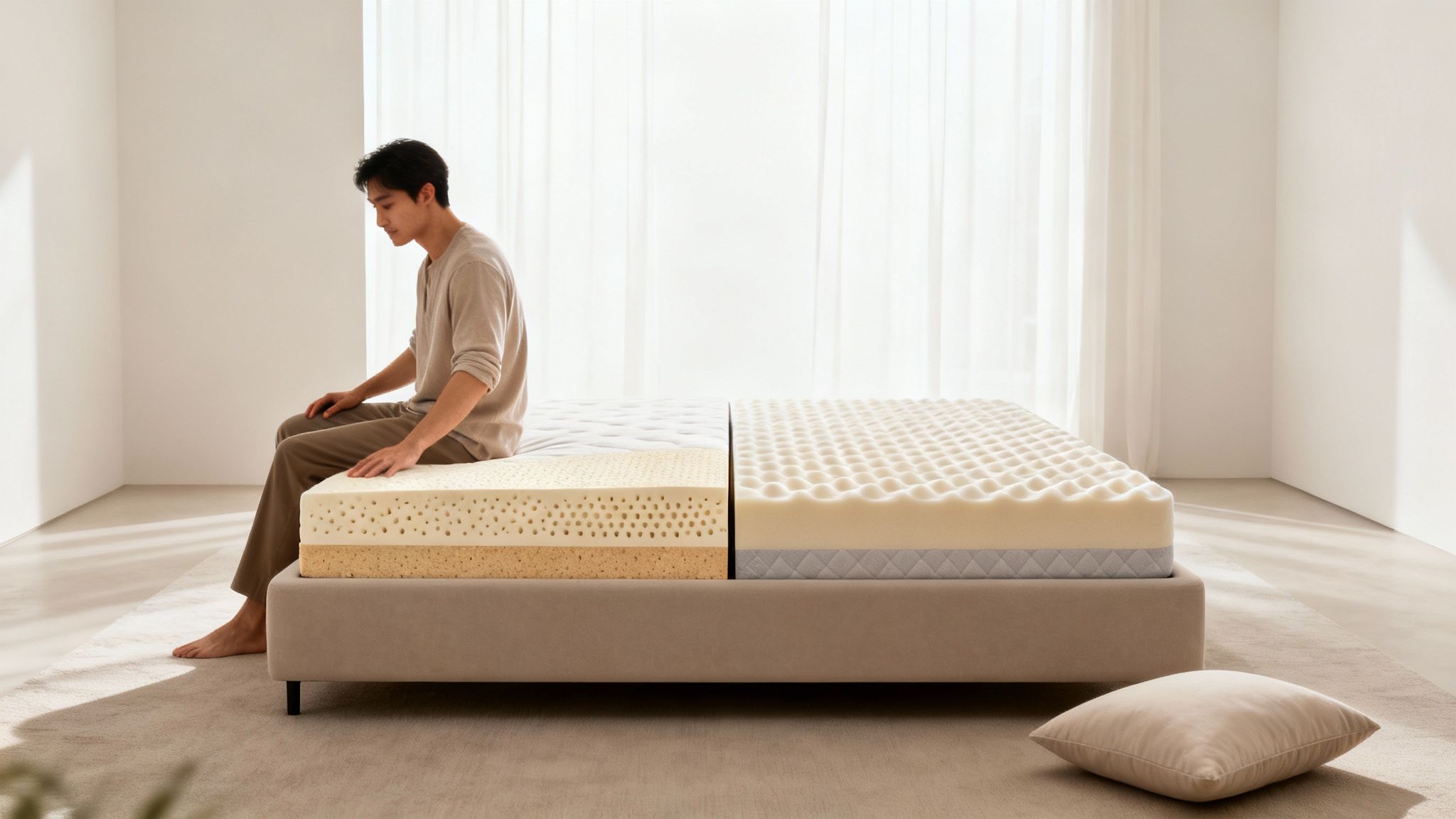 A man sits on a cut-open mattress, revealing its distinct foam layers and different material constructions.