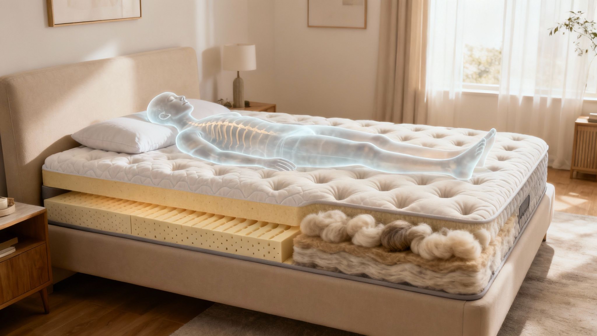 Side view of a woman sleeping on a supportive luxury mattress, spine aligned.