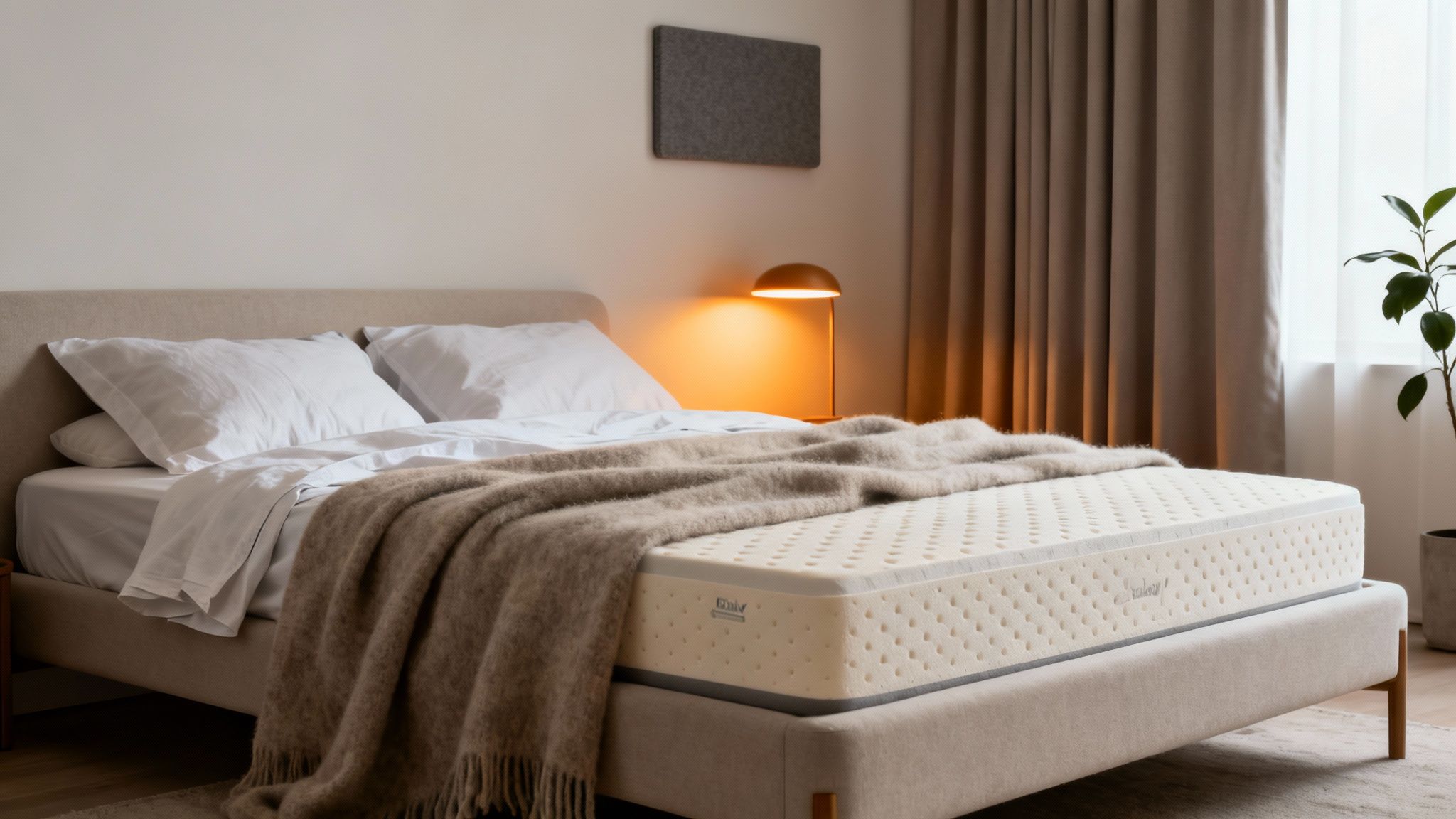 A modern bedroom with a bed featuring a perforated natural latex mattress, pillows, and a soft blanket.