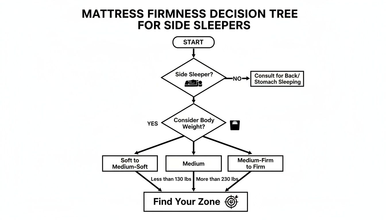A decision tree flowchart guides side sleepers to choose mattress firmness based on body weight.