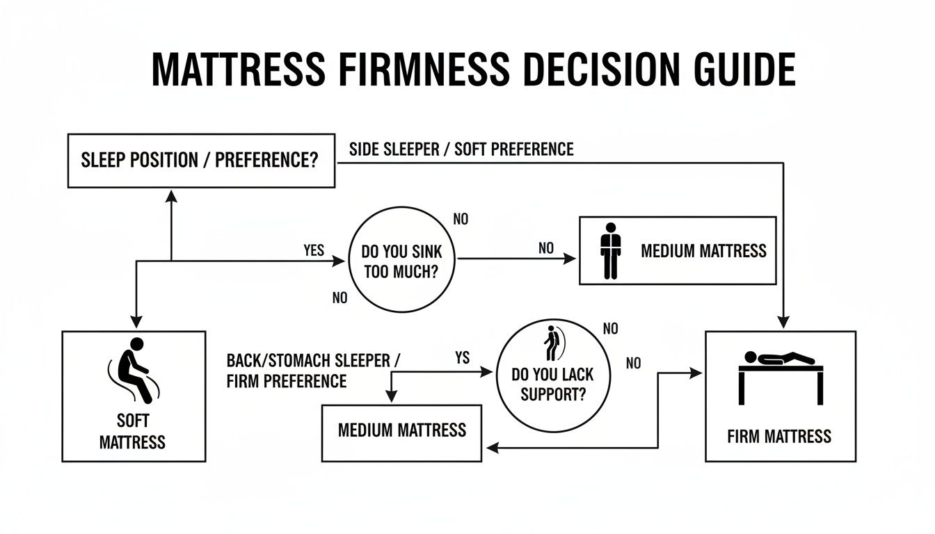 A mattress firmness decision guide flowchart based on sleep position, preference, sinking, and support.