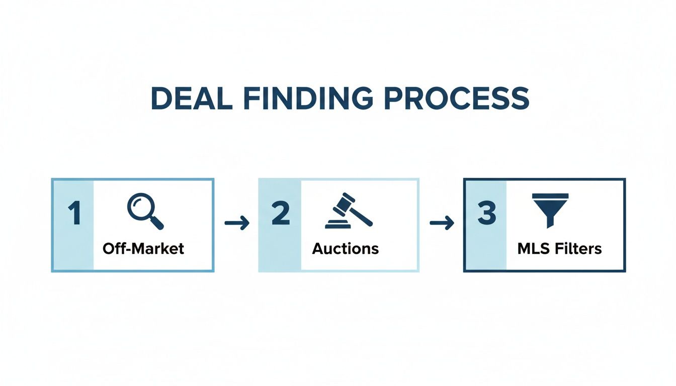 A flowchart showing a three-step deal finding process: Off-Market, Auctions, and MLS Filters.