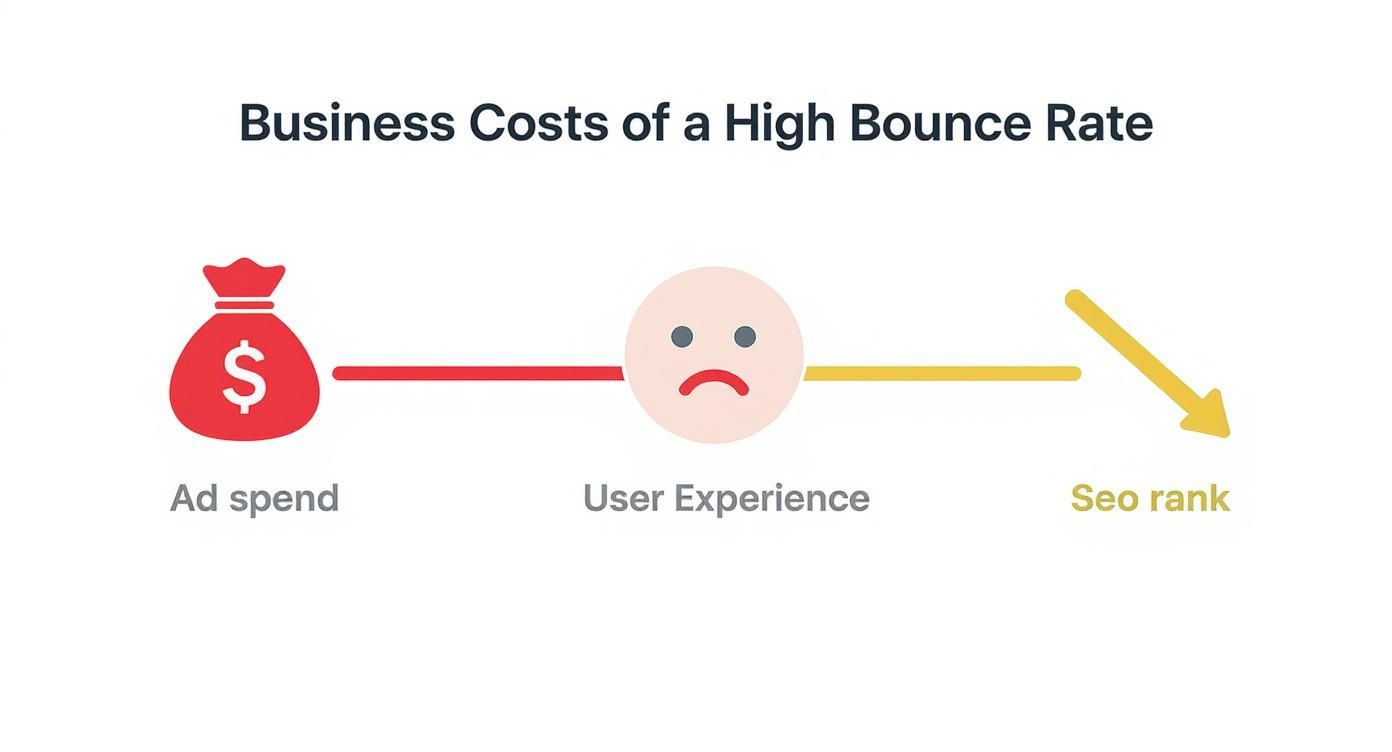 Infographic showing the business costs of a high bounce rate, including wasted ad spend, poor user experience, and lower SEO rank.