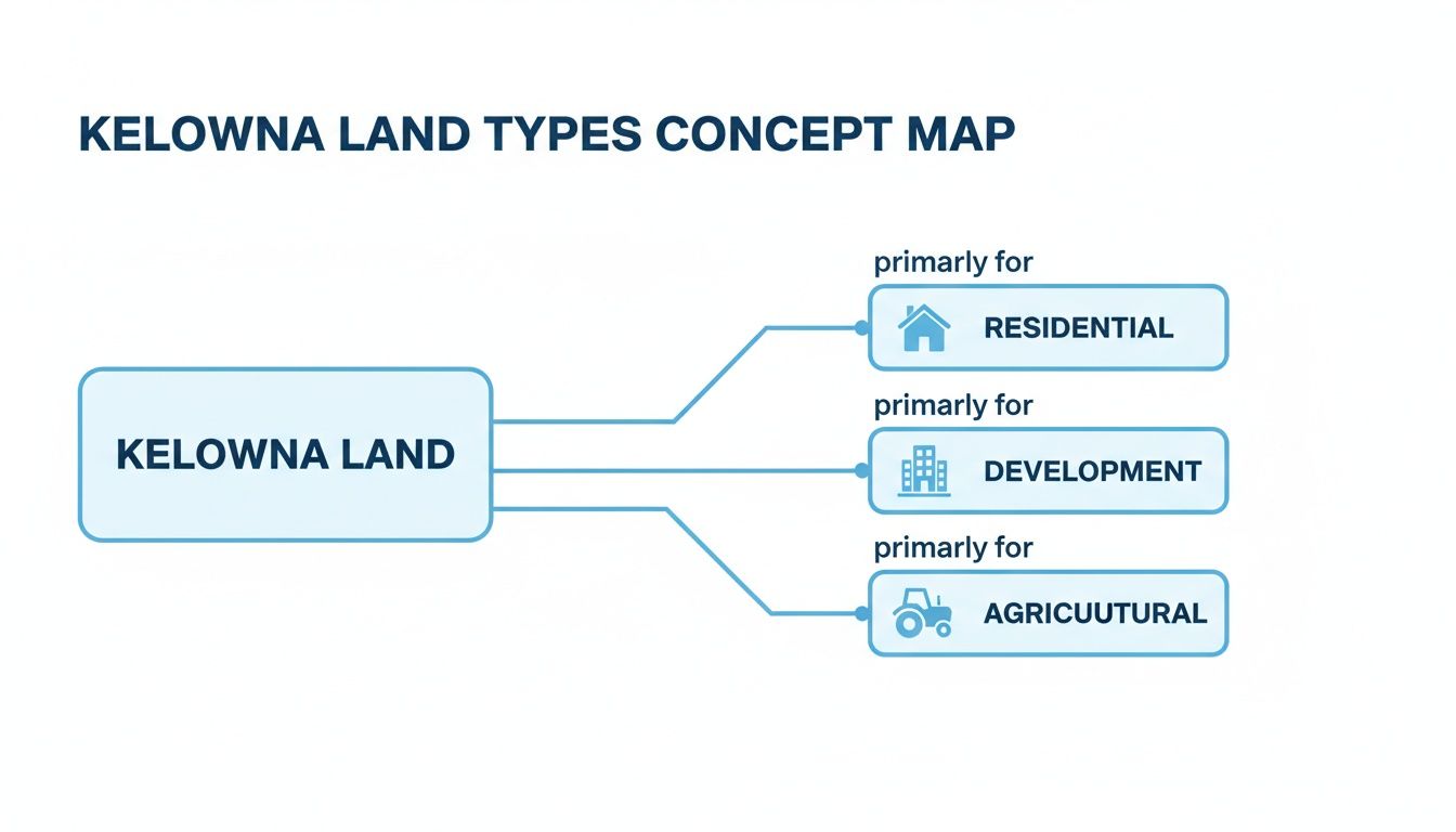 A concept map showing Kelowna land types, primarily for residential, development, and agricultural uses.