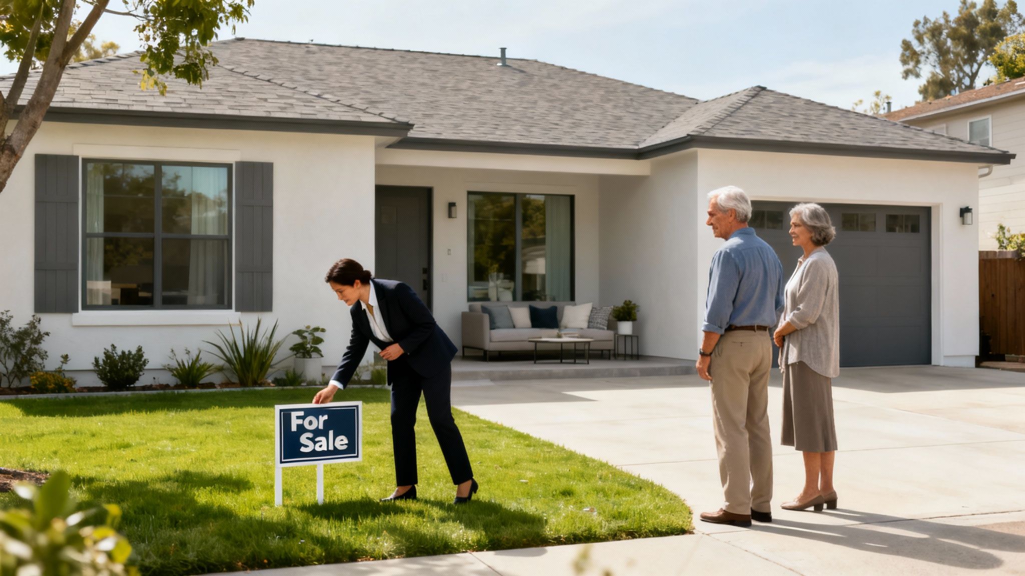 A real estate agent discussing a property with clients in a modern home office setting.