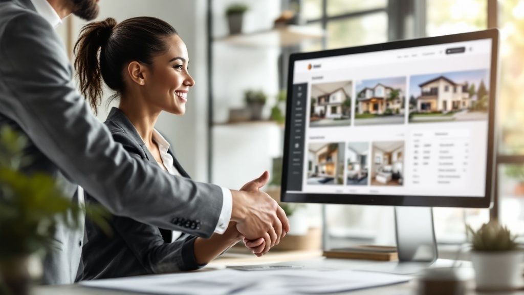 A real estate agent showing a young couple a home in Kelowna, BC.