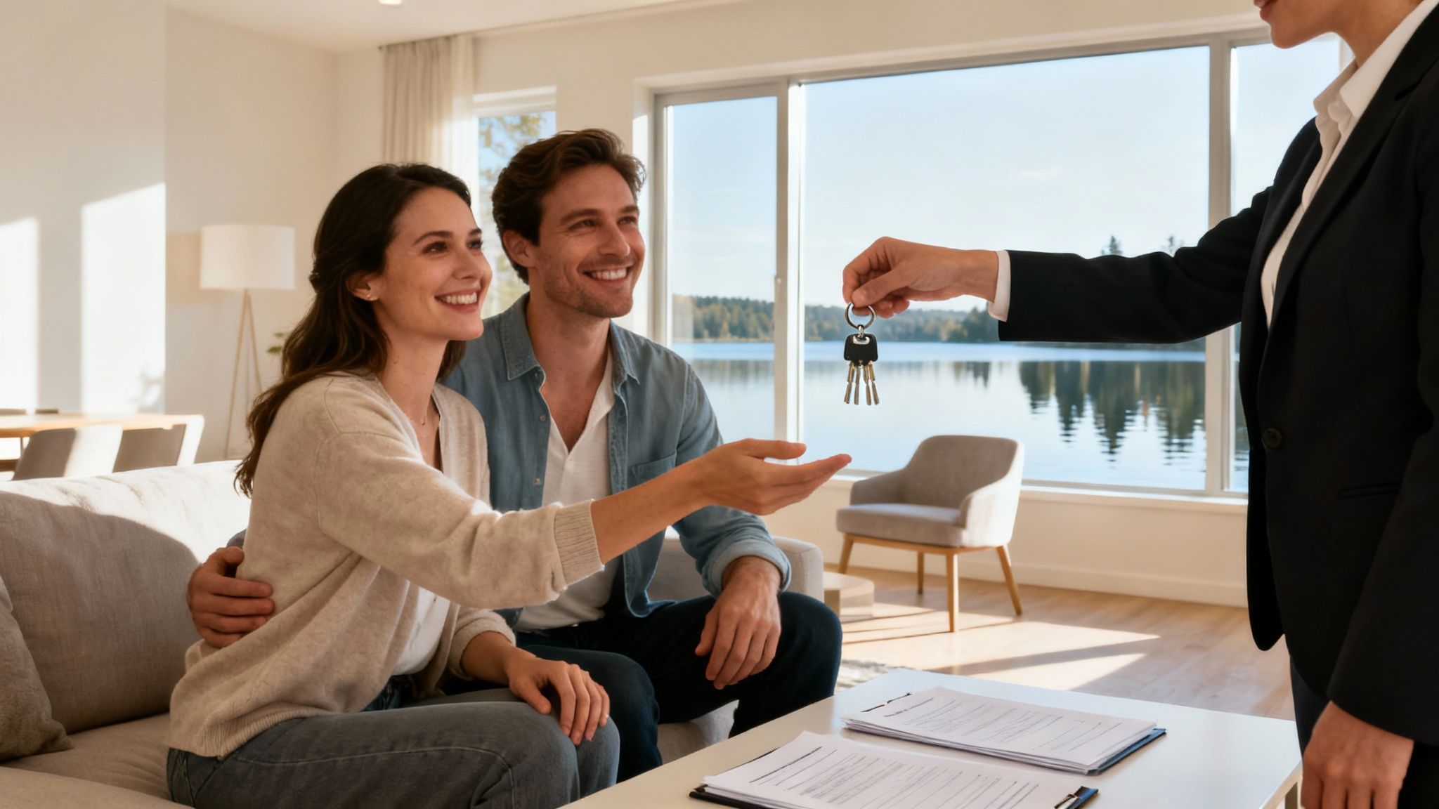 Happy couple receives house keys from a real estate agent in a modern home with a lake view.