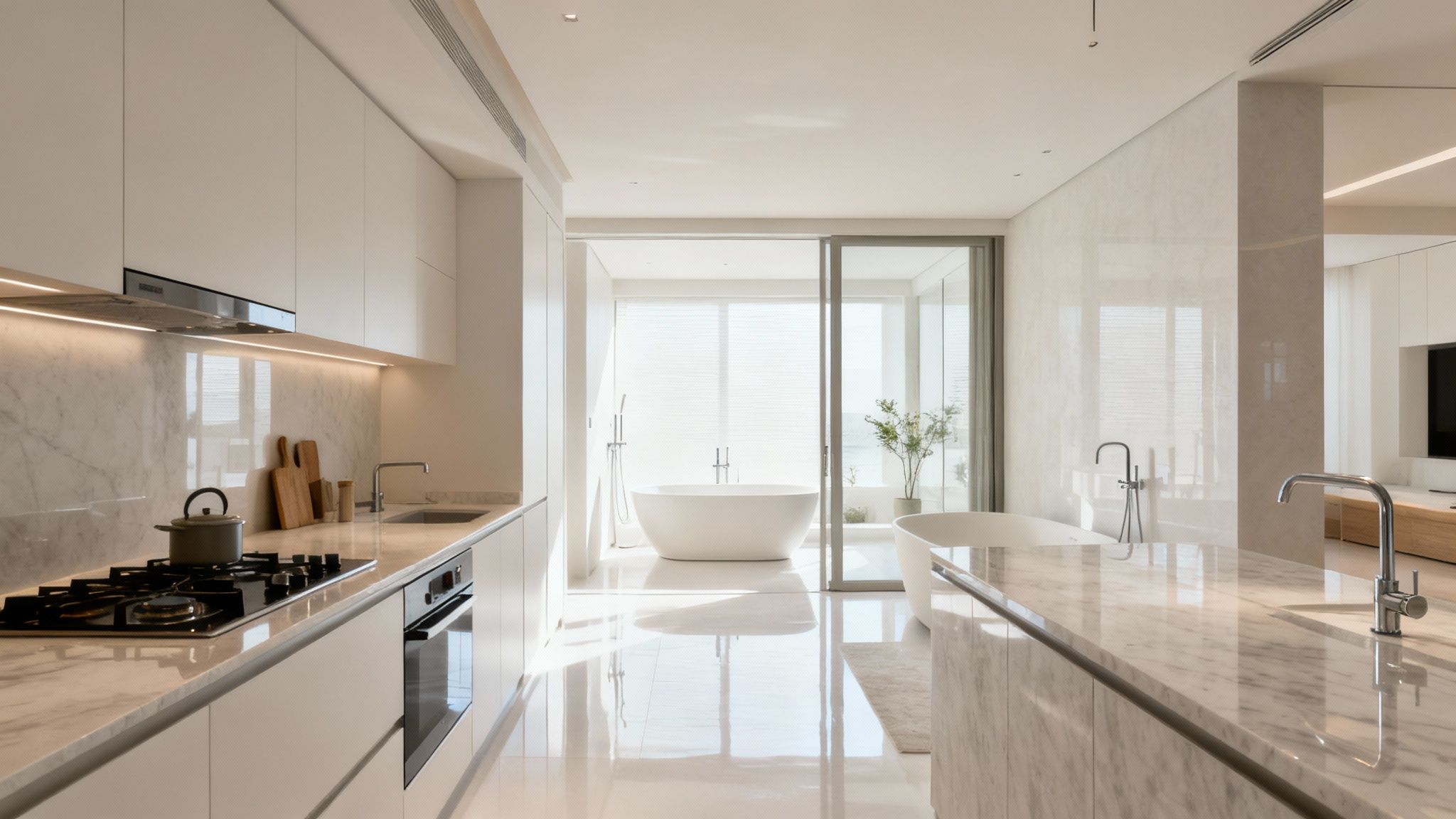 An appraiser inspecting the interior of a modern kitchen.