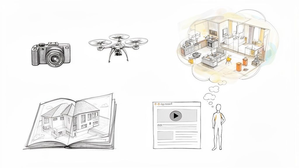 Illustration depicting tools like camera and drone, house plans, and website for architectural visualization.