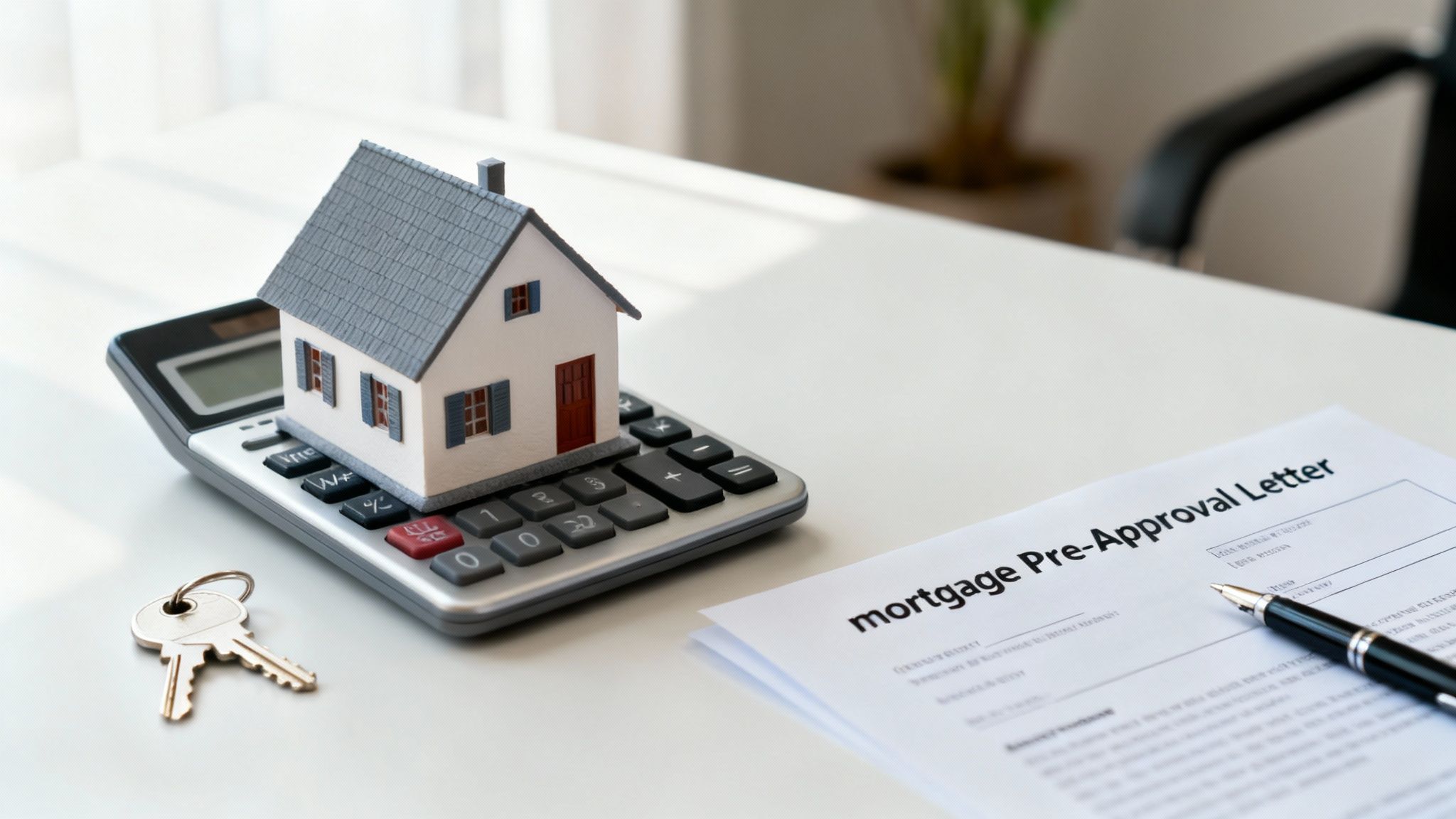 A person using a calculator with house keys and a model home on the desk, representing financial planning for a home purchase.