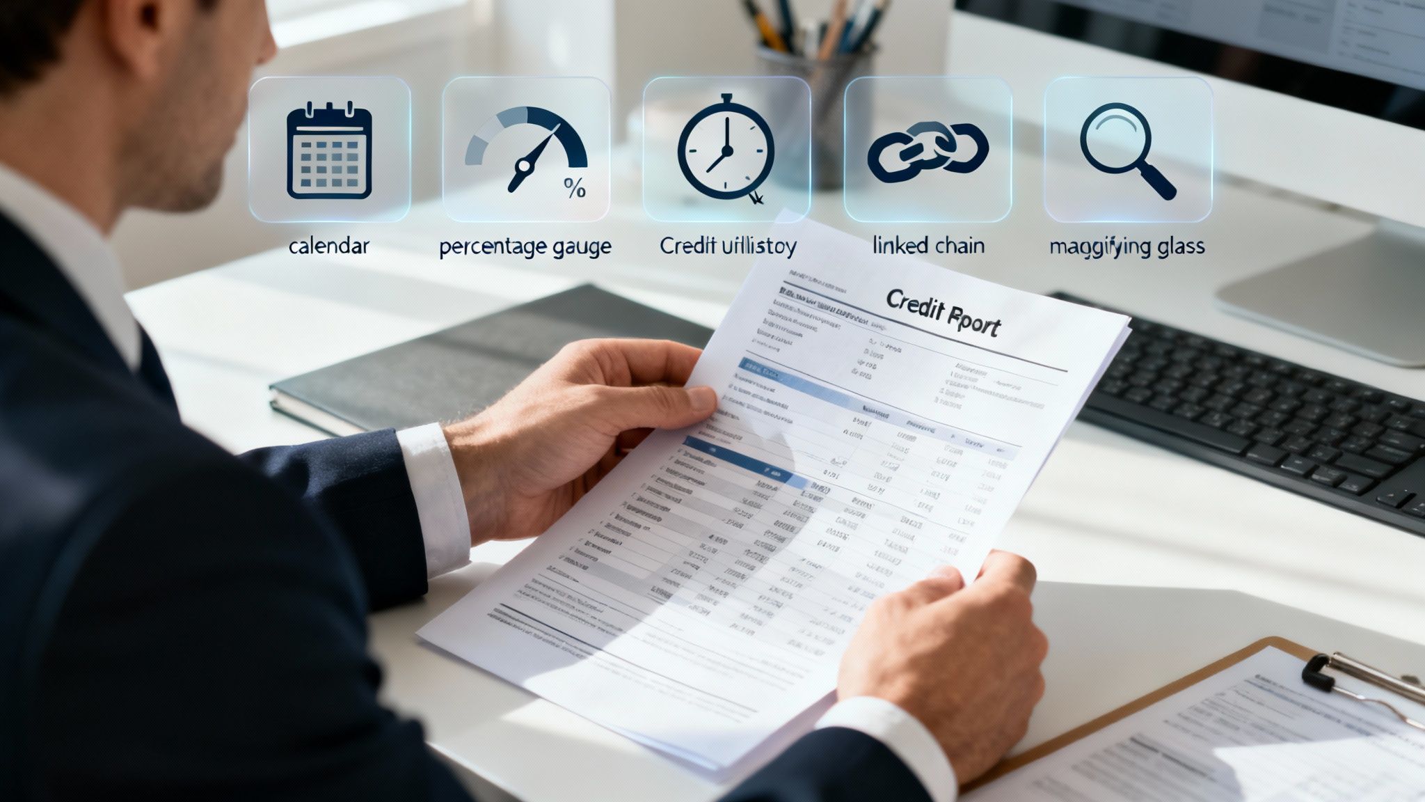 A magnifying glass hovering over a credit report document, symbolizing detailed analysis by lenders.