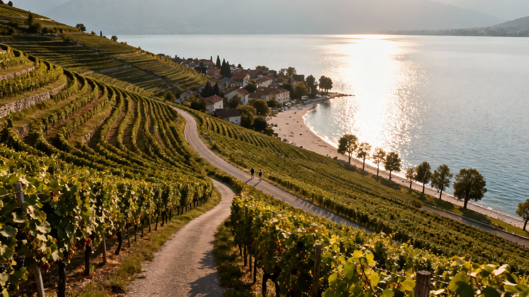 Scenic view of terraced vineyards, a winding road, and a lakeside village at sunset.
