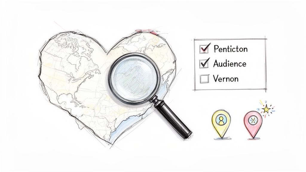 A heart-shaped map with a magnifying glass, a checklist, and location pins for audience targeting.