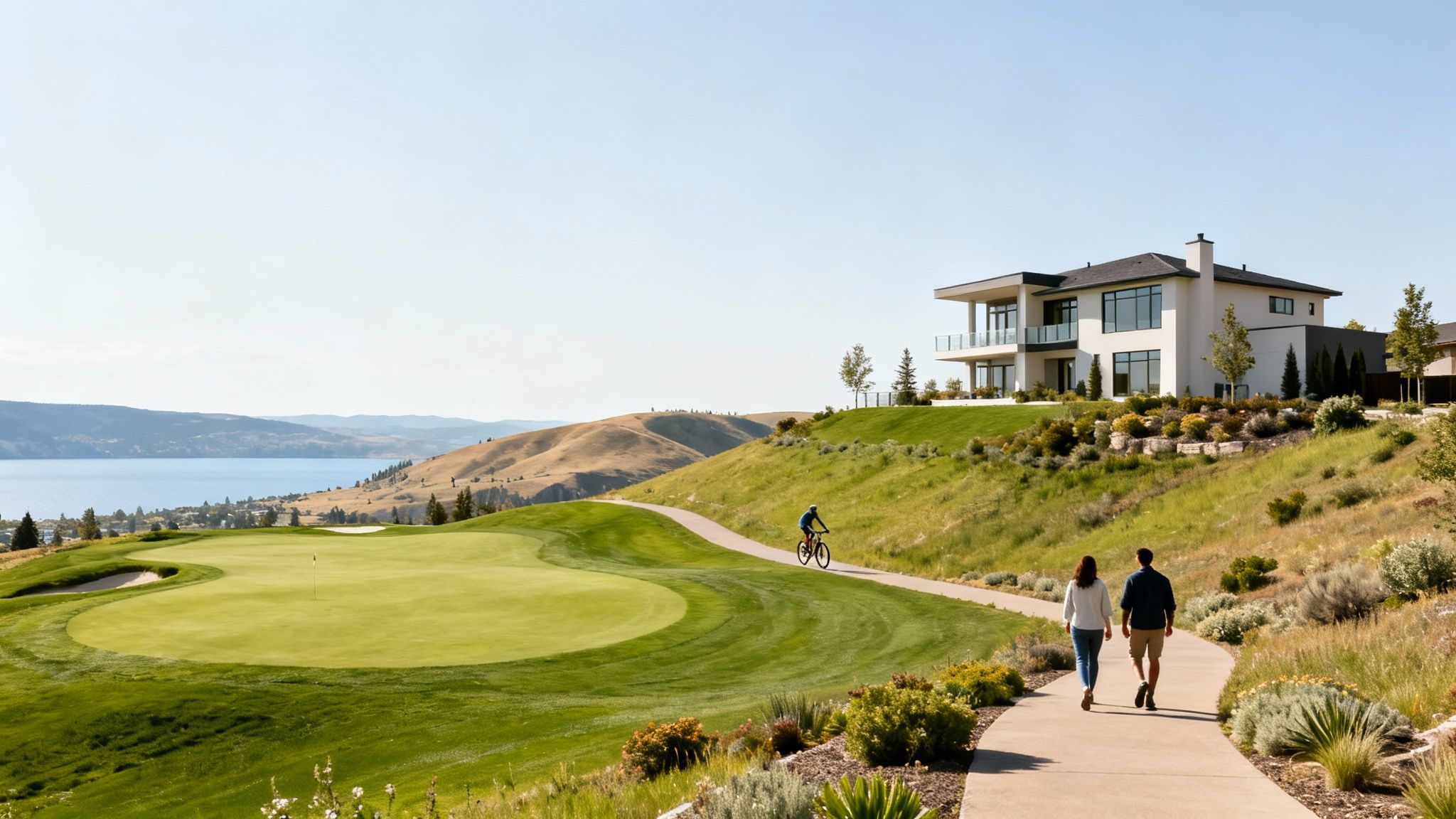 Modern luxury house, golf course, lake, and mountains, with people walking and cycling.