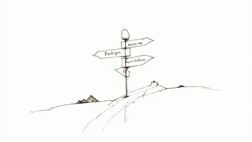 A hand-drawn sketch of a multi-directional signpost pointing to places like "eocene" and "Poctugin" in a minimalist landscape.
