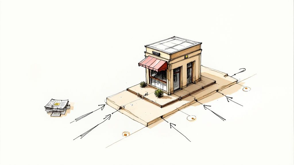A stylized magnifying glass examining interconnected nodes, representing how website authority is calculated.