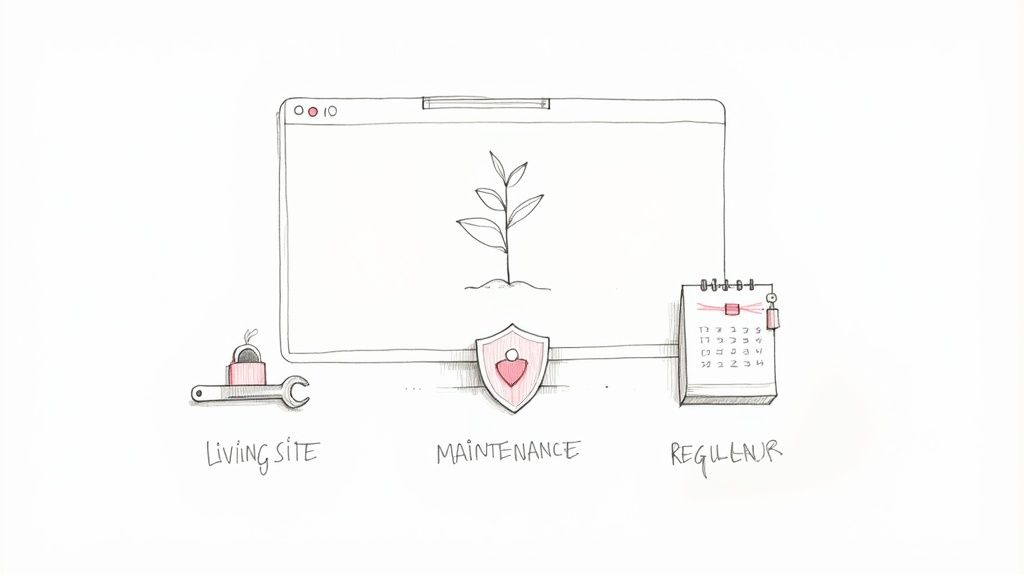 Hand-drawn diagram depicting a living website with security, maintenance, and regular updates or monitoring.