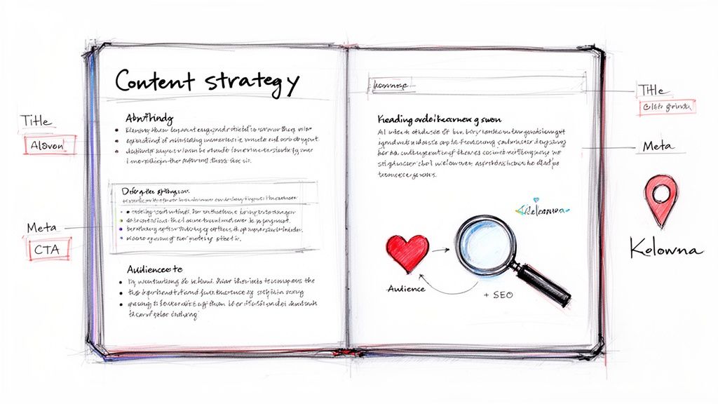A handwritten content strategy notebook illustrating SEO, audience, and location details for web design.
