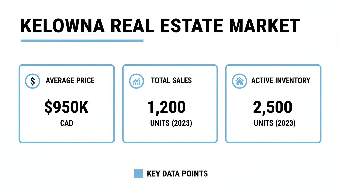 Infographic showing Kelowna real estate market statistics for 2023, including average price, total sales, and active inventory.