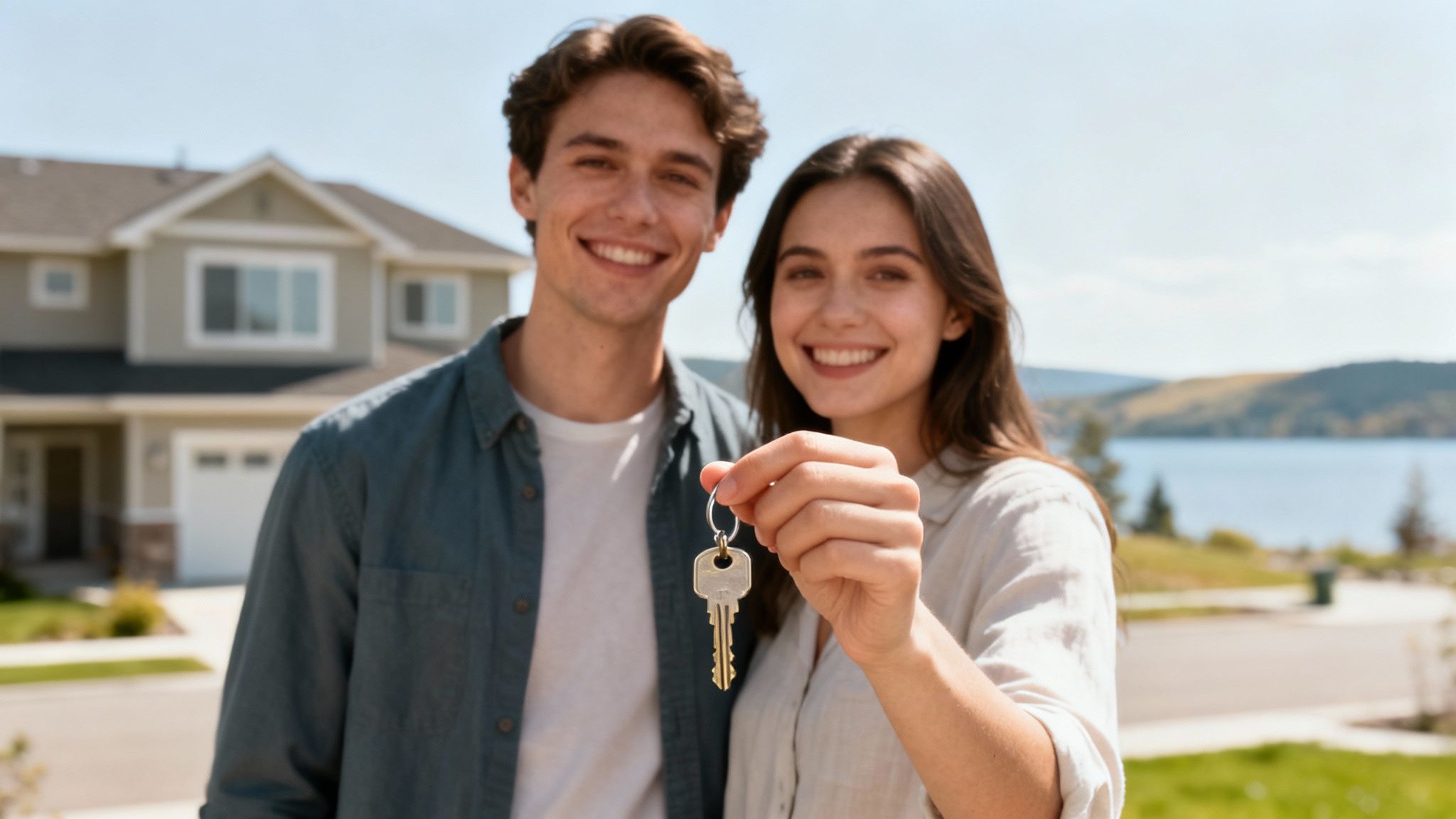 A smiling family stands in front of their new Kelowna home.