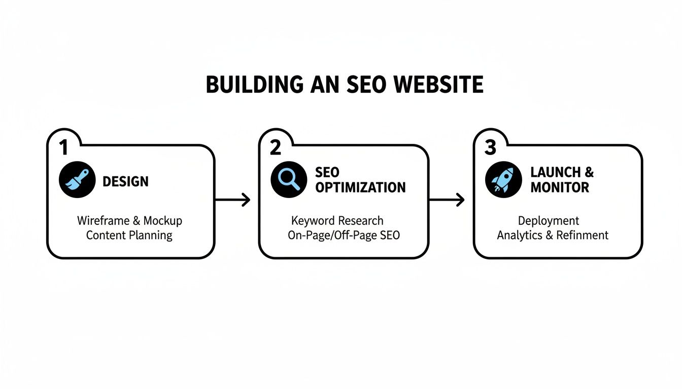 A three-step infographic detailing the process of building an SEO website, covering design, optimization, and launch phases.