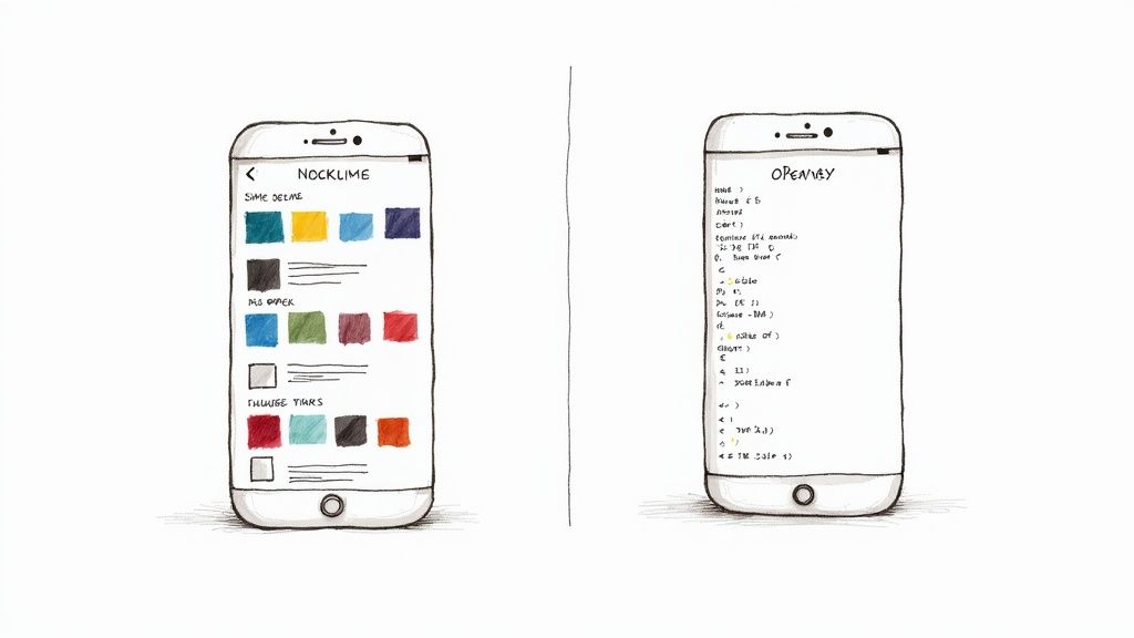 Two drawn smartphones show contrasting app interfaces: one with color palettes, the other with code.