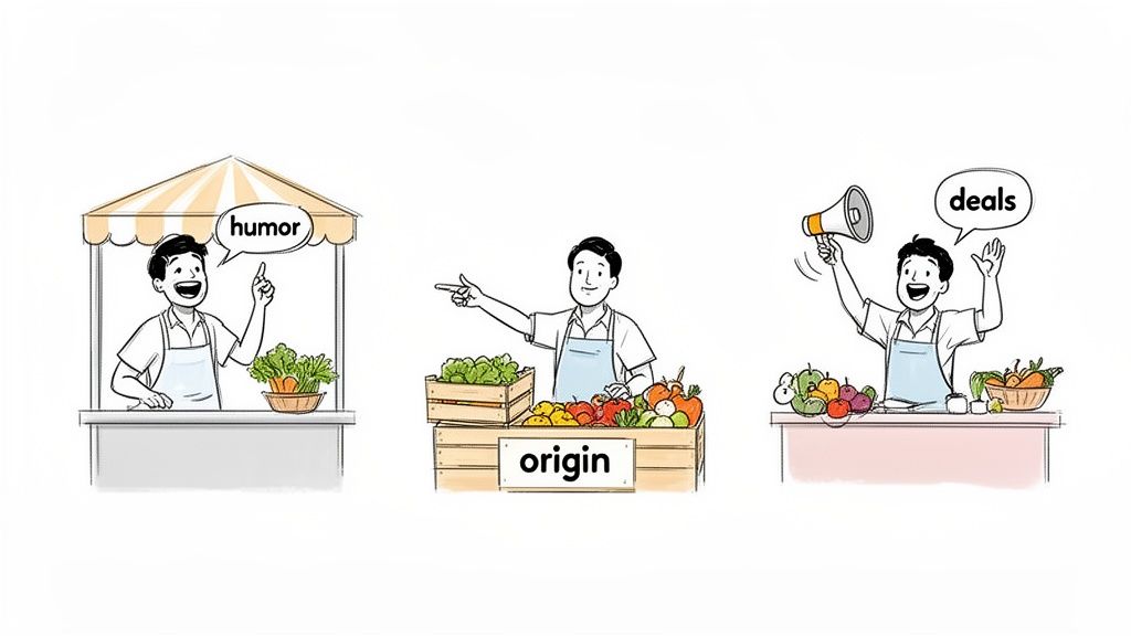 Three market vendors illustrating different sales approaches: humor, origin, and deals.