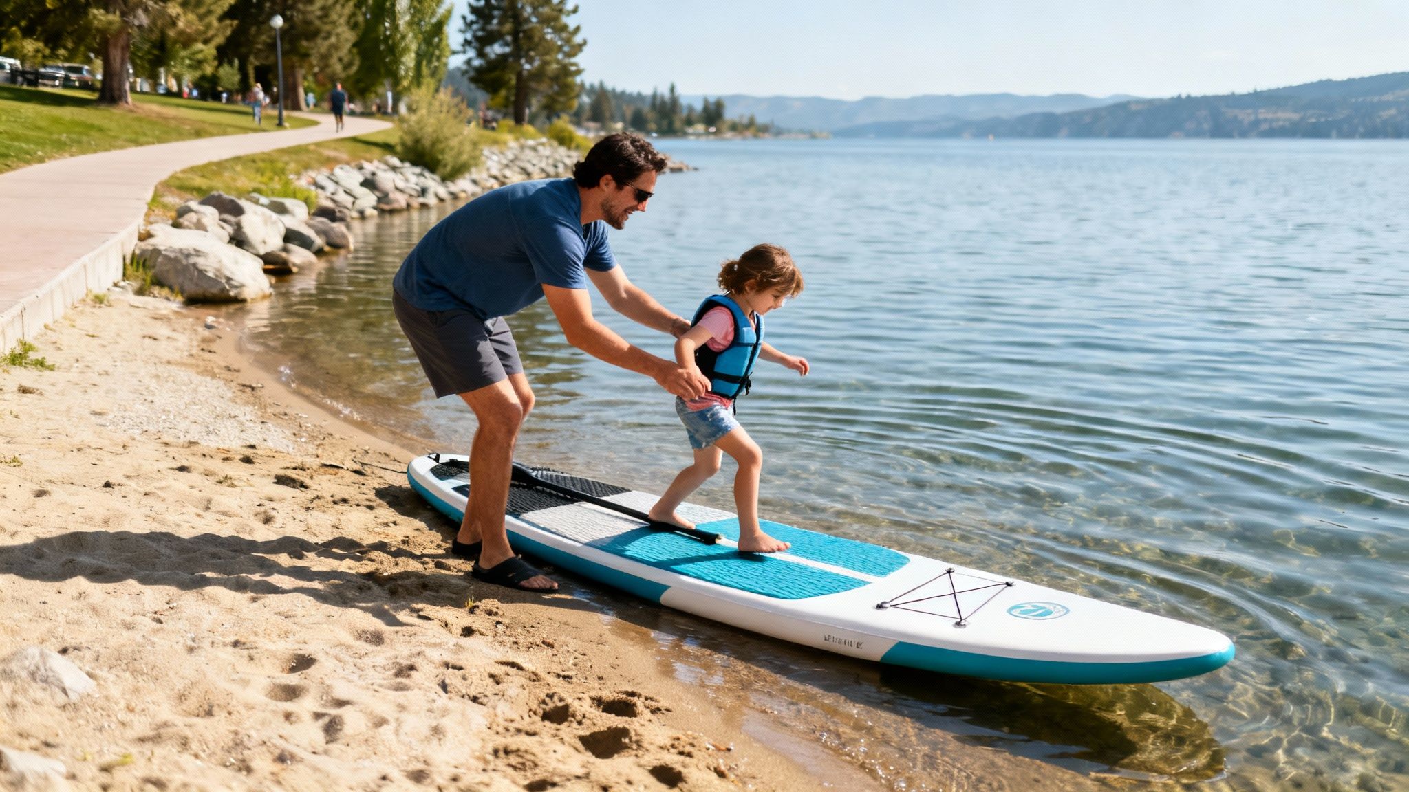 A man helps a little girl in a life vest step onto a paddleboard by the lake.