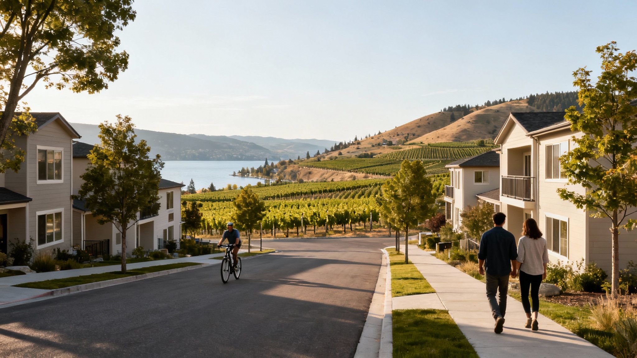A scenic street with modern homes, a lake, and vineyards. A cyclist rides and a couple walks.