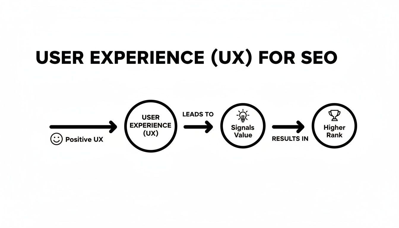 Diagram showing how positive user experience (UX) leads to higher SEO rankings.