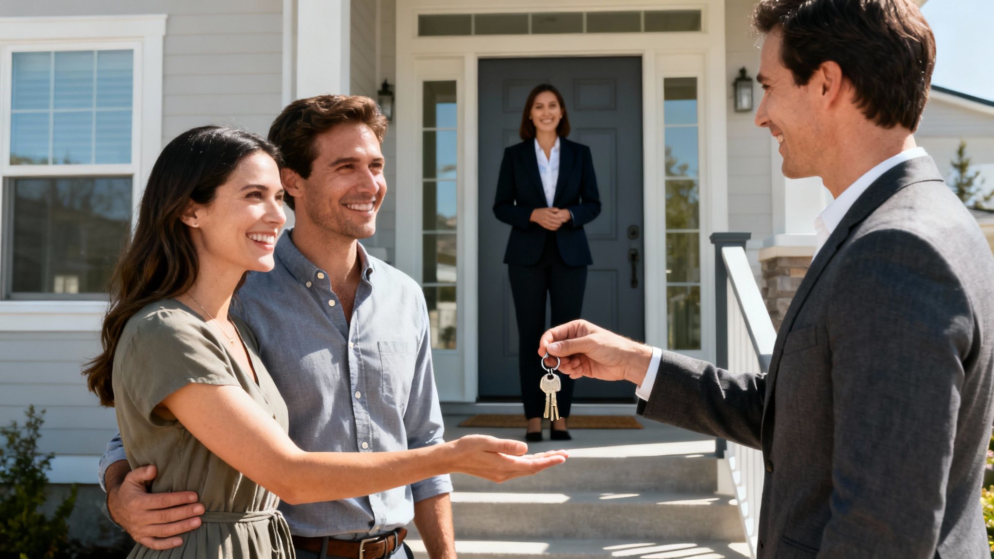 A happy couple receives house keys from a real estate agent in front of their new home.