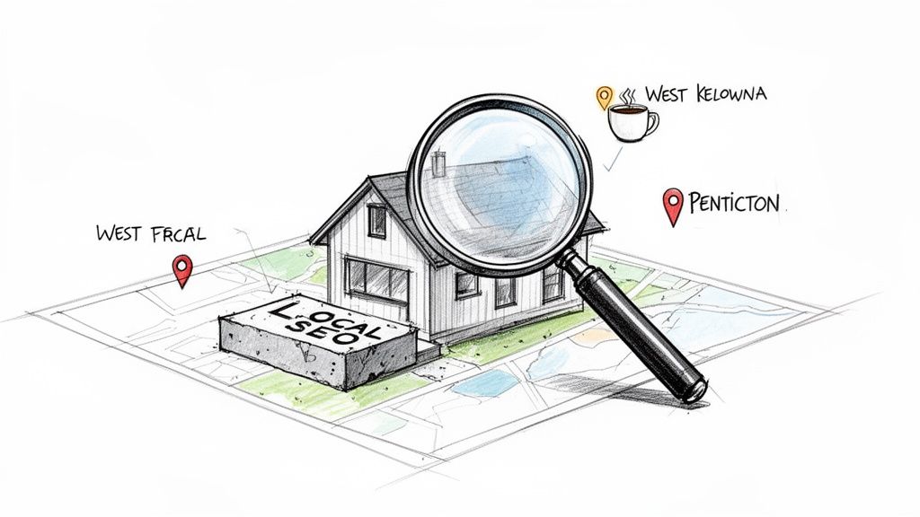 Illustration of a house on a map with a magnifying glass, focusing on a 'LOCAL SEO' block and location pins.
